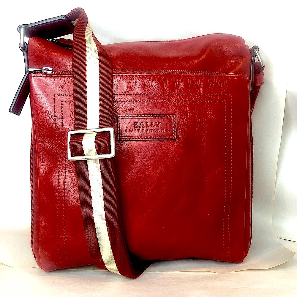 BALLY Red Leather Top Zip Messenger Shoulder Bag w/ Red White Striped Strap